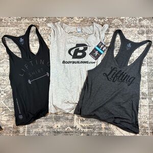 Bodybuilding.com Gym Top T-Shirt Cut Outs and 2 Tank Tops Bundle Women’s Size LG